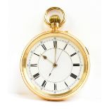 An 18ct yellow gold crown wind open faced pocket watch, the white enamel dial set with Roman