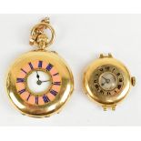 An 18ct yellow gold crown wind half hunter pocket watch with outer pink and blue enamelled chapter