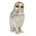 A contemporary boxed novelty sugar caster in the form of an owl, with pull-off cap and indistinct