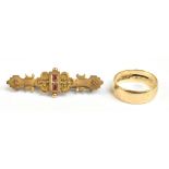 A 9ct yellow gold ruby and diamond set Victorian bar brooch, also a 9ct yellow gold plain wedding