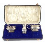 SYNYER & BEDDOES; a George V hallmarked silver cased cruet set with cast decoration and outswept