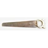 A late 19th/early 20th century novelty miniature saw with mother of pearl and silver plated blade,