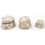 SILEDA LTD; three Elizabeth II hallmarked silver mounted lidded boxes with carved quartz stones to