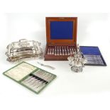 A collection of Victorian and later silver plated items, including a mahogany cased canteen of