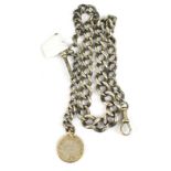 A silver Albert watch chain with additional end section and William III sixpence, length 43cm,