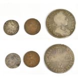 A William III (reigned 1689-1702) 1696 crown, a 1697 sixpence and William IV 1836 halfpenny (3).