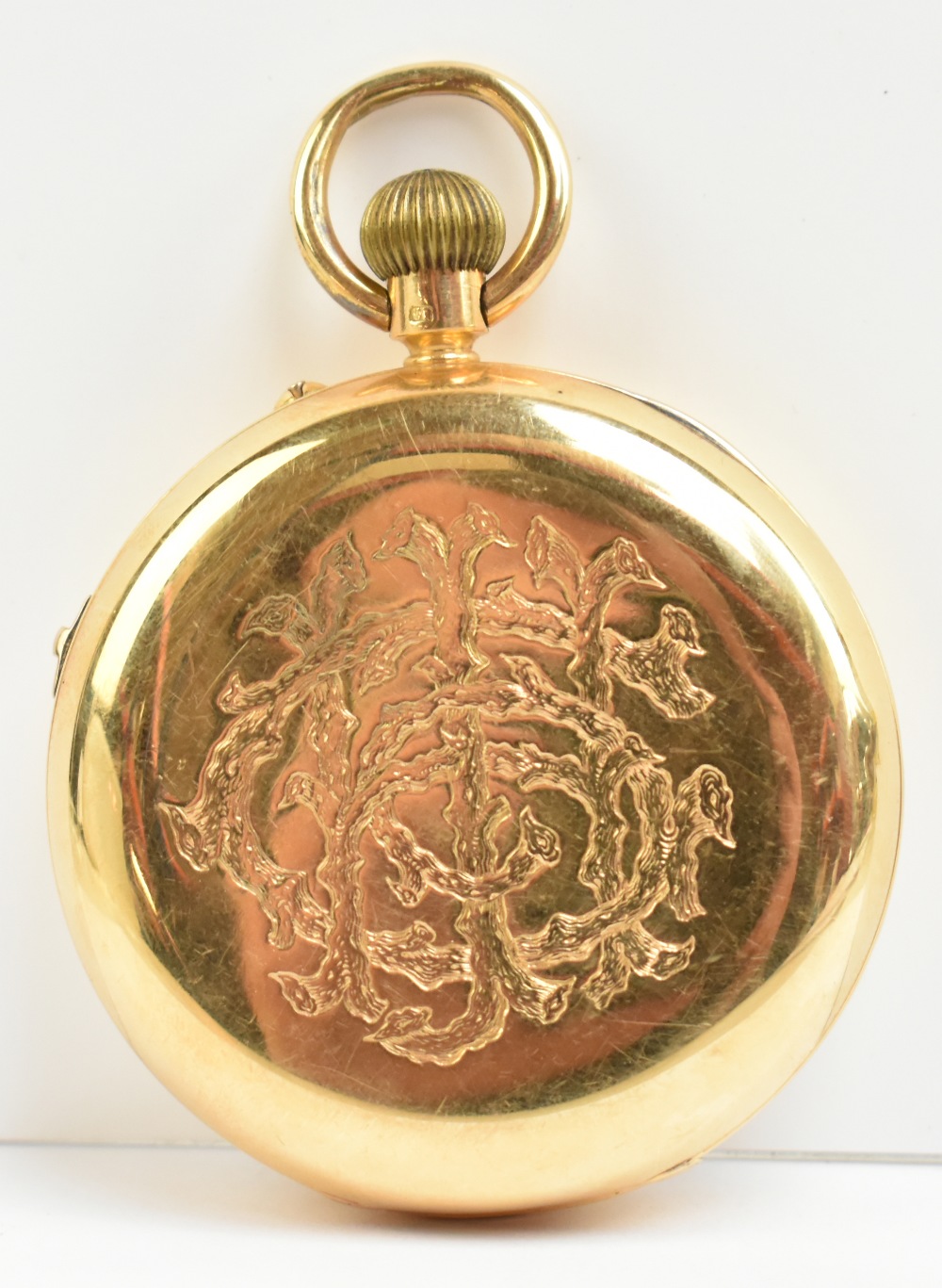 An 18ct yellow gold crown wind open faced pocket watch, the white enamel dial set with Roman - Bild 2 aus 5