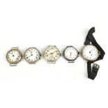 Five various silver wristwatches, each with white enamel dial set with Arabic or Roman numerals (