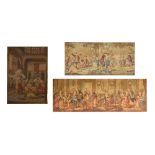 Three gilt-framed tapestries of Classical scenes, largest 47 x 149cm (3).