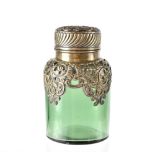 A Victorian green glass tea caddy/container with hallmarked silver collar and top,