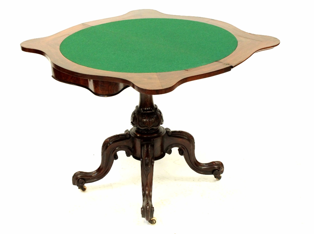 A William IV walnut fold-over serpentine top card table on tripod cabriole base, width 90cm,