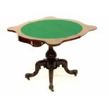 A William IV walnut fold-over serpentine top card table on tripod cabriole base, width 90cm,