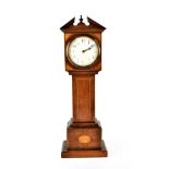 An early 20th century mahogany inlaid mantel clock in the form of a longcase clock,