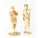 Two late 19th century Japanese carved ivory okimonos depicting a male land worker and a female