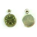 A base metal keyless wind military issue open face pocket watch with black dial,