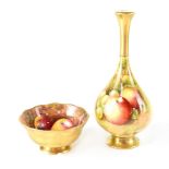 A Royal Worcester baluster vase hand painted with summer fruits, gilt-heightened base and neck,