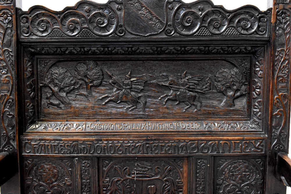 An antique and later carved box seat settle, - Image 2 of 6