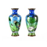 A pair of cloisonné vases decorated with cranes and waterlilies, height of each approx 15cm (2).