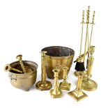 A collection of metalware to include two brass planters,
