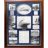 A cased diorama depicting the Titanic with copies of passenger lists and ephemera surrounding the