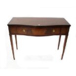 A reproduction line inlaid mahogany single-drawer side table with bowed centre section flanked by