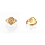 A gentlemen's 9ct gold signet ring with initials 'RJ', size Q/R, approx 9.7g.