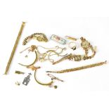 A collection of 9ct gold and yellow metal to include two ladies' wristwatches, 9ct gold brooches,