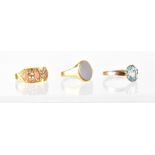 Three gold fashion rings including a 15ct gold pink coral and seed pearl, size K,