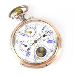 A silver open faced calendar pocket watch, the white enamel dial set with blue Roman numerals,