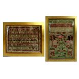 A mid-20th century Welsh alphabet sampler with images of floral and fauna,