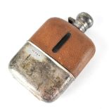 A George VI leather-bound hip flask with removable hallmarked silver cup and lid, F Burton Crosbee,