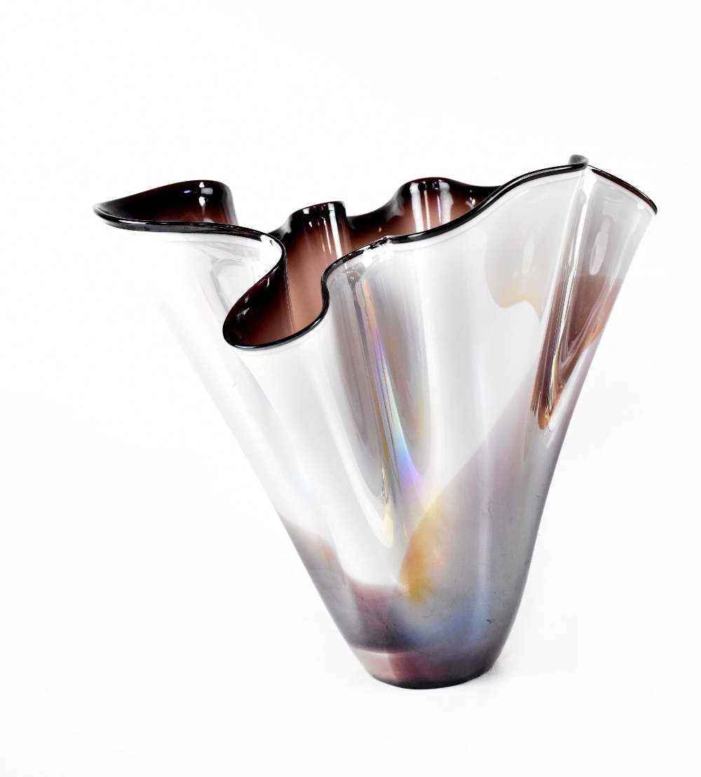 A glass handkerchief vase in graduated white and purple pearlescent finish, height approx 31cm,