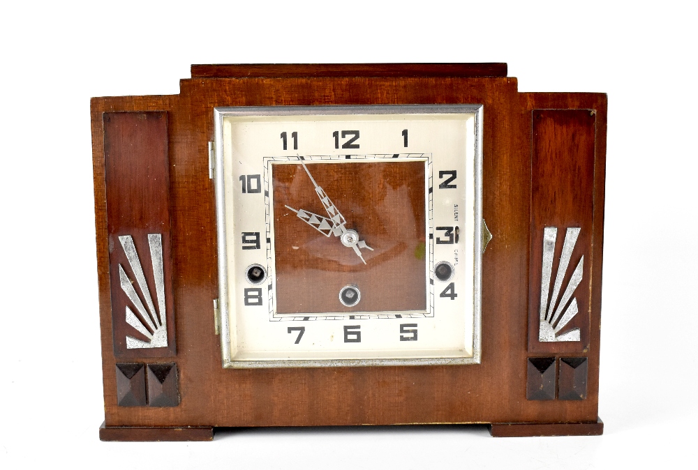 An Art Deco mahogany-cased chiming mantel clock,