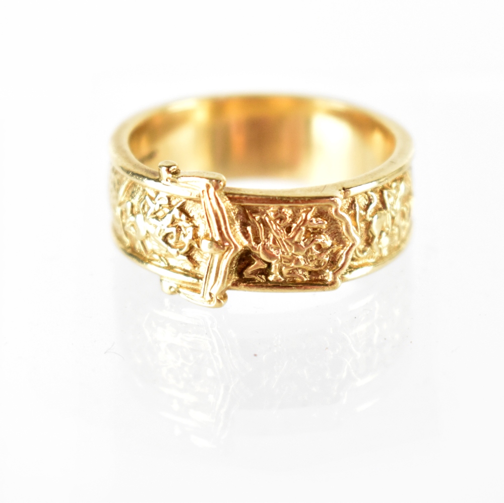 A gentlemen's large vintage 9ct gold ring of belt and buckle design, size Z+2, approx 12.6g.