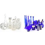 A small quantity of Bristol blue glassware to include vase, candlesticks, bottle, spill vases, etc,