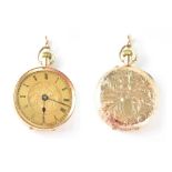 A 14ct gold open face pocket fob watch, the dial set with raised baton time markers, top wind,