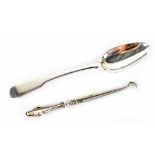 A hallmarked silver fiddle pattern teaspoon, length 18cm and a silver-handled button hook,