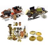 A quantity of various brass, copper and mixed small collectibles including tankards, candlestick,