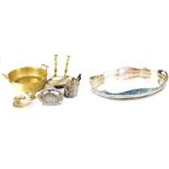 A quantity of brass, copper and plated ware to include candlesticks, kettles, tray,