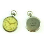 A base metal military issue keyless wind open face pocket watch, the case back engraved 'G.S.T.P.