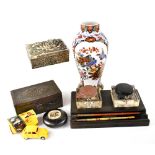A quantity of desk items including a Bakelite double inkwell and pen tray with two pens,