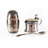 A George V hallmarked silver mustard pot and spoon with blue glass liner, Lanson Ltd,