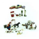 A quantity of toys to include a tin plate Pullman coach, lead farm animals, etc.