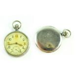 A base metal keyless wind military issue open face pocket watch, the case back engraved 'G.S.T.P.