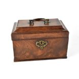 A fruitwood three-division tea caddy with swing handle to the lid, width 24cm, height 17cm,