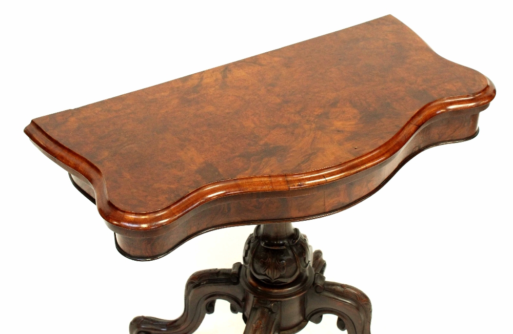 A William IV walnut fold-over serpentine top card table on tripod cabriole base, width 90cm, - Image 2 of 7