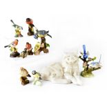 A Royal Belvedere Vienna reclining sleeping cat and a group of birds to include Crown Staffordshire