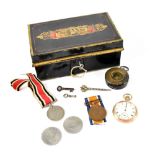 A Queen Victoria Diamond Jubilee cash tin and contents including gold-plated open face pocket watch,