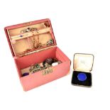 A jewellery box and contents to include a Ruskin high-fired pottery brooch,