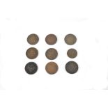 Nine American coins comprising eight one-cent coins and one two-cent coin (9).